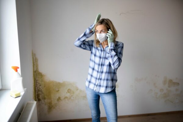 woman standing in front of wall with mold and talking on cell phone